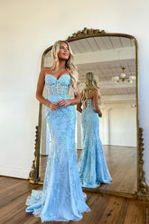 Sky Blue Long Mermaid Sweetheart Lace Formal Prom Dresses
