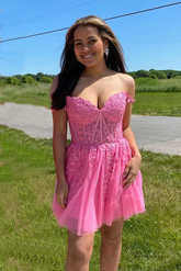 Hot Pink Lace Homecoming Dress Hot Pink Formal Graduation Dress Y2891