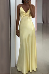 Schlichtes gelbes Satin-A-Linien-Ballkleid mit V-Ausschnitt Y8551