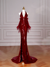 Vestido de noche sexy con lentejuelas burdeos, cuello halter en V, espalda descubierta, corte sirena, Y8628