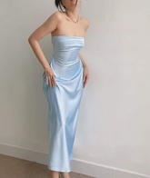 Elegante vestido de fiesta azul sin tirantes, vestido de noche azul Y6420