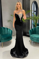 One Shoulder Black Mermaid Long Prom Dress With Rhinestones