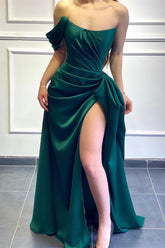 Dark Green Long Mermaid One Shoulder Satin Formal Prom Dresses with Split