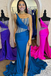 Laylani | Blue Mermaid One Shoulder Long Prom Dresses with Beaded