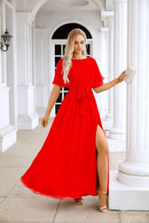 Ladies Chiffon Sleeve Crew Neck Front Slit Floor Length Bridesmaid Evening Dress Wedding Party Evening Dress 28124