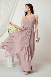 Numbersea Chiffon V-Neck Bridesmaid Dress Spaghetti Strap Long Formal Party Prom Gowns with Slit 28010