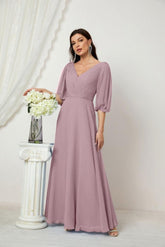 Numbersea Formal Prom Gown Women V-Neck Chiffon Bridesmaid Dresses Long Bishop Sleeve Party Dress 2807