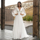 Simple Puff Sleeve Wedding Dress Bridal Long A Line Backless Beach Bride Gown Sweep Train Chiffon Robe De Mariée Vestidos