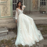 Charming Long Puffy Sleeves Wedding Dresses A-Line V Neck Appliques Open Back Sweep Train Bridal Gown Custom Made