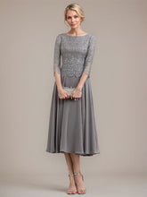 A-line Scoop Tea-Length Lace Chiffon Mother of the Bride Dress