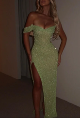 Sparkly Sage Green Sequins Off-The-Shoulder Split Prom Dress Formal Evening Gown Y7983