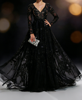Black Lace Embroidery Long Sleeve Evening Gown V Neck Tulle Train Formal Dress
