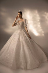 Sparkling Ball Gown Sweetheart Neck Tulle Wedding Dress with Beaded Embroidery & Sheer Puff Sleeves Q6021