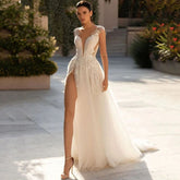 Sexy Deep V-Neck Wedding Dresses Cap Sleeve Backless Bride Gowns Elegant Tulle Lace Appliques A-Line Vestidos De Novia
