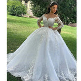 2025 Luxury Muslim Wedding Dress Women's Elegant Long Sleeve Lace Applique A-line Dress Beach Wedding Princess Party O-Neck Brid WD001