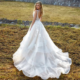 Modest Brush Train Wedding Dresses Brides Gown Tiered Appliques Backless Sposa Vestidos Bridal Party Suit Robe De Mariée