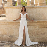 Chiffon Bohemian Bride Gowns A-Line Wedding Dresses Side Slit Lace Beach Long O-Neck Cap Sleeves Vestidos De Novia 2024