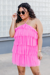 Layer Hem Backless Mesh Overlay Halter Dress Pink Homecoming Dress Y2569