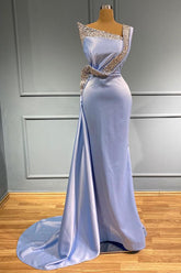Long Mermaid One Shoulder Sleeveless Satin Beads Prom Dress With Ruffles