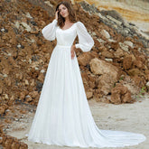 Puffärmel Brautkleider Damen Vestido De Novia Lang Chiffon Elegant V-Ausschnitt A-Linie Rückenfrei Brautkleid Robe Mariée