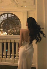 Vestido de noche largo de satén de seda con espalda cruzada y escote en V sexy Y717