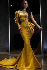 Yellow Halter Mermaid One Shoulder Long Sleeve Prom Dress With Beadings