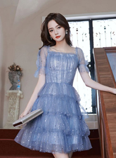 Blue Short Layers Tulle Formal Dress Blue Off Shoulder Homecoming Dress Party Dress Y1975