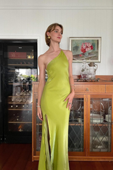 Elegant Green Sheath One Shoulder Long Party Prom Dress With Slit Backless Evening Dress Y8550