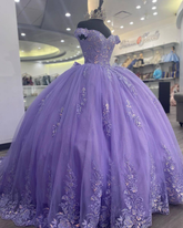 Off The Shoulder Lilac Corset Quinceanera Dress Ball Gown,Appliques Lace Birthday Dress Y789
