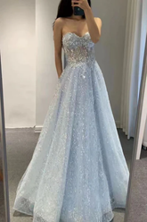 Glitter Blue Sweetheart Tulle Sequins Long Prom Dress,Sexy A-line Evening Dress Y1391