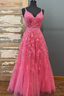 A Line V Neck Beaded Hot Pink Lace Long Prom Dress, Hot Pink Lace Formal Graduation Evening Dress Y216