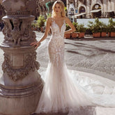Sexy Spaghetti Straps Vestidos De Novia Lace V-Neck Mermaid Wedding Dresses Appliques Backless Vestido De Noiva