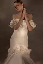 Gorgeous Long Mermaid Off-the-Shoulder Puff Sleeve Satin Wedding Dress with 3D Flower & Lace-Up Back & Tulle Train Q6012