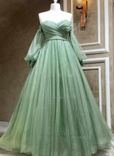 Bling Green Tulle Puffy Sleeves Formal Dresses A Line Green Long Evening Gown Y7981