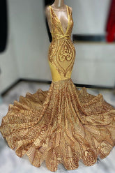 Off The Shoulder Sleeveless Dark Gold Sequins Prom Dress with Appliques V Neck