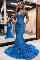 Vestido de fiesta con apliques de lentejuelas azules, corte sirena, sin mangas y tirantes finos