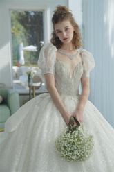 Glittering Ball Gown Deep V-Neck Tulle Wedding Dress with Beaded Embroidery & Puff Sleeves 6021-1