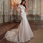 Luxury Mermaid Wedding Dress Short Sleeves Lace Appliques Elegant Boat Neck Bride Gown Illusion Backless Button Train