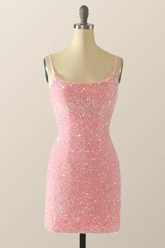 Cute Pink Sequins Homecoming Dress Pink Backless Party Dress Y2041