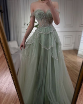 Sage Green A-Line Off The Shoulder Tulle Beaded Evening Dress Formal Prom Dress Y8157