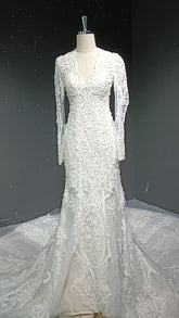 V-neck long sleeved luxurious nail bead trailing bridal veil