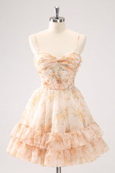 Cute Yellow A Line Cut Out Tiered Print Floral Homecoming Dress with Ruffles