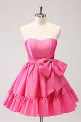 Bonito vestido de fiesta corto plisado sin tirantes, corte A, rosa intenso, con lazo