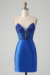 Vestido de fiesta corto, elegante, brillante, azul real, ajustado, sin tirantes, con cuentas