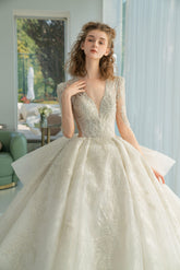 Dazzling Ball Gown Deep V-Neck Tulle Wedding Dress with Beaded Embroidery & Illusion Cut-Out Back Q-6022