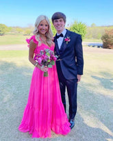 A-line Hot Pink V Neck Long Prom Dress Chic Evening Dress Y298