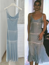 Vestido de fiesta elegante de gasa azul con tirantes finos y cuentas, vestido de noche Y8248