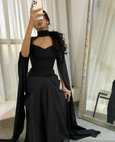 Elegant High Neck Sweetheart Neckline Floor Length Black Crepe Long Evening Dress Y4853