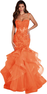 Women's Lace Applique Tulle Prom Dresses Long Mermaid Ruffles Sparkly Formal Evening Party Gown