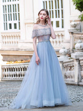 A-Line Tulle Beaded Luxurious Fashion Formal Evening Dresses Short Sleeves Floor Length Prom Dresses